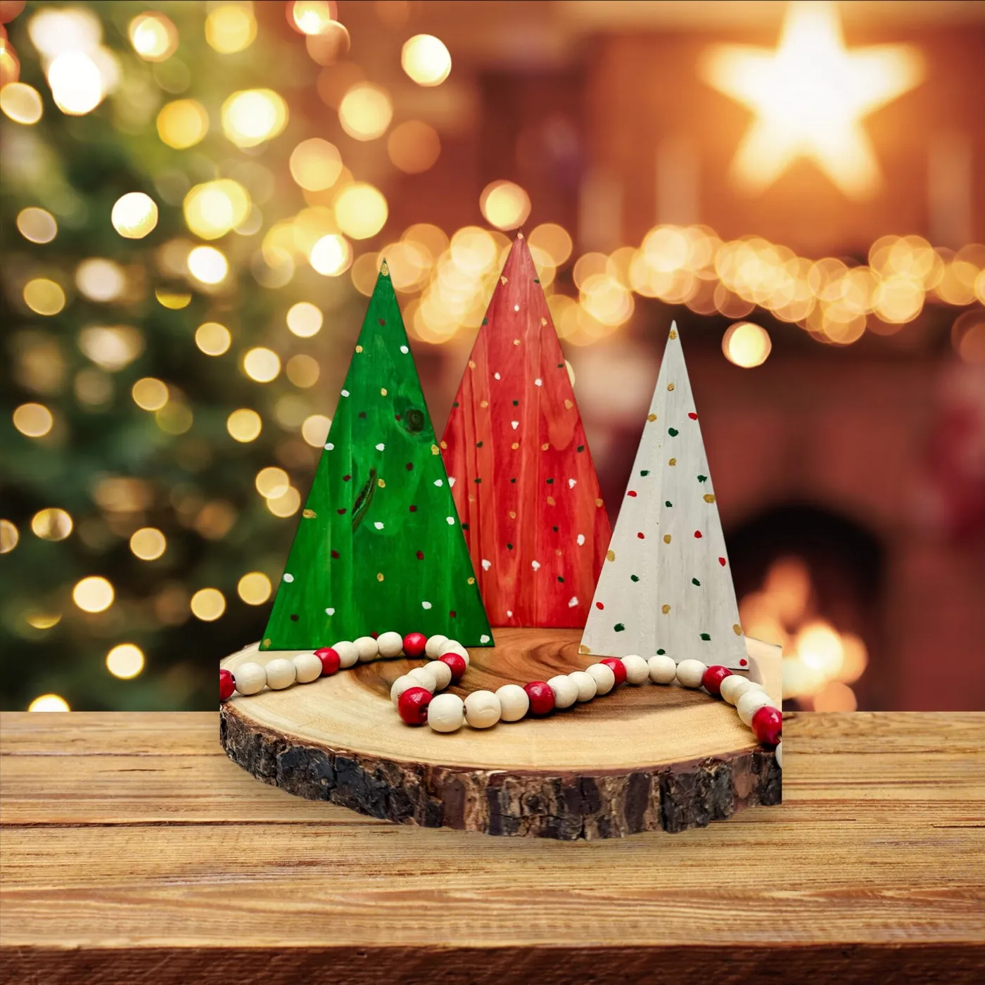 Rustic Wood Farmhouse Christmas Tree Decor – Neutral Holiday Set of 3
