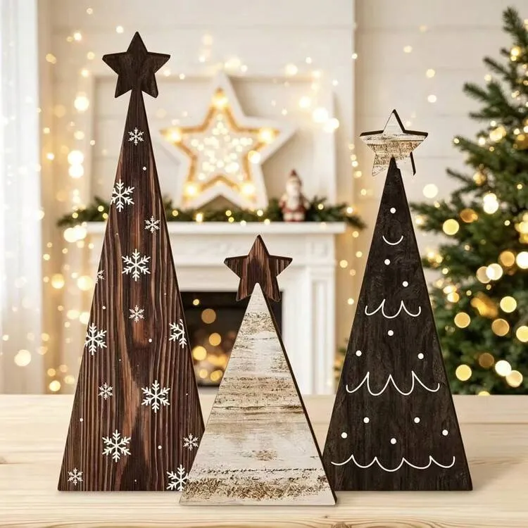 Rustic Wooden Christmas Tree Desktop Decor 3-Piece Set, Vintage Wooden Tree-Shaped  Ornaments, Farmhouse Style Wooden Decorations For Mantel, Shelf, Desktop,  Indoor Home Christmas Winter Holiday Deco