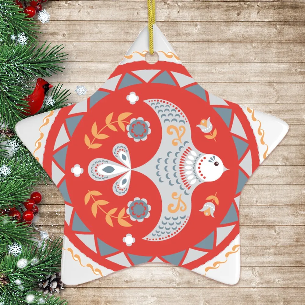 Scandinavian Bird Christmas Ornament, Ethnic Classic Folklore, 2D Illustration Star