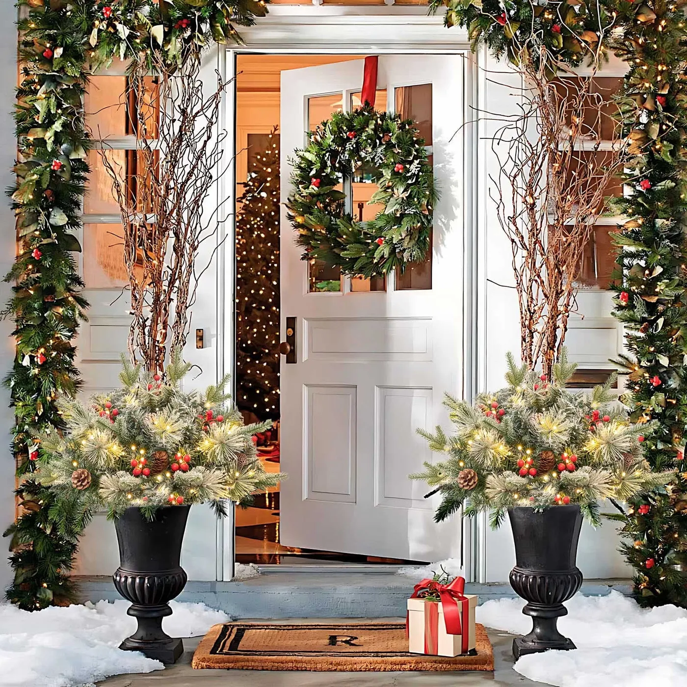 Semi-Circle Snow Covered Flocking Christmas Tree with Mushrooms | White Winter Artificial Tree for Outdoor Garden Decoration | Realistic Snow Plush Tree for Courtyard, Yard, or Indoor Holiday Displa