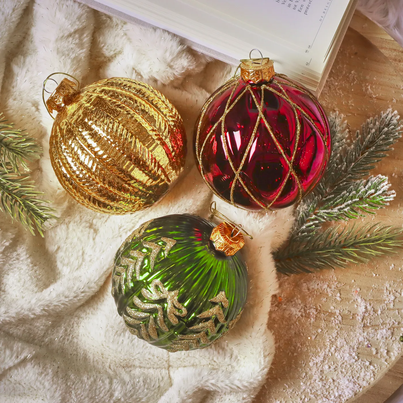 Set di 12 palline di Natale in vetro (D100 mm) Sogno Bordeaux, verde abete  e oro - Addobbi albero di Natale - Eminza