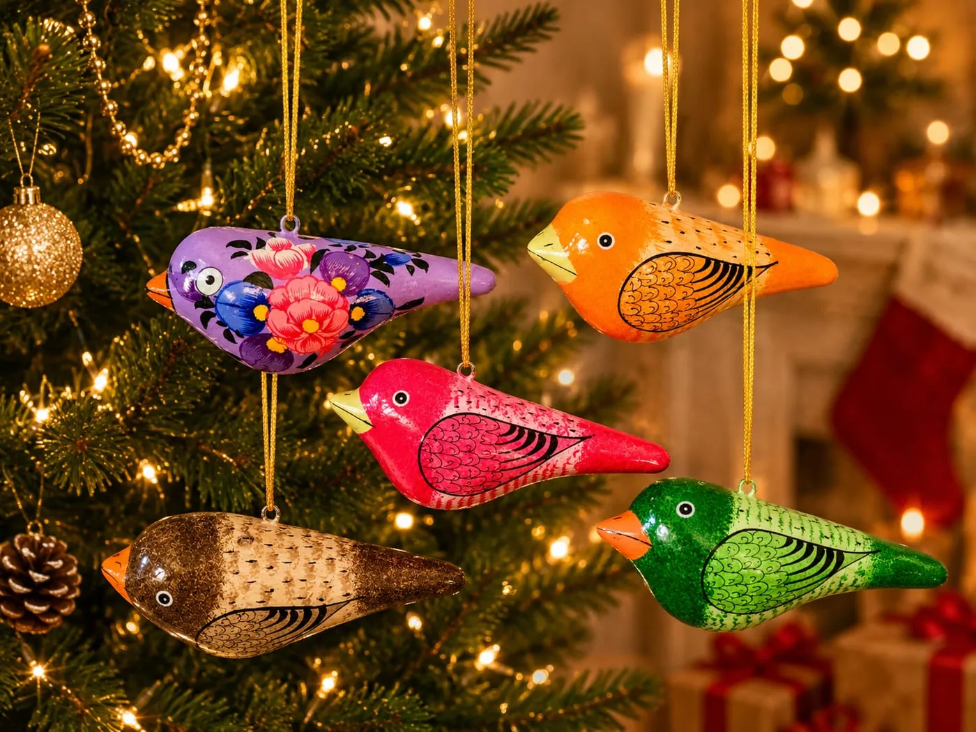 Set of 10 Hand painted birds, Hand painted Paper mache birds, Paper mache Ornaments, Handmade Christmas Baubles, Handmade Birds hangings