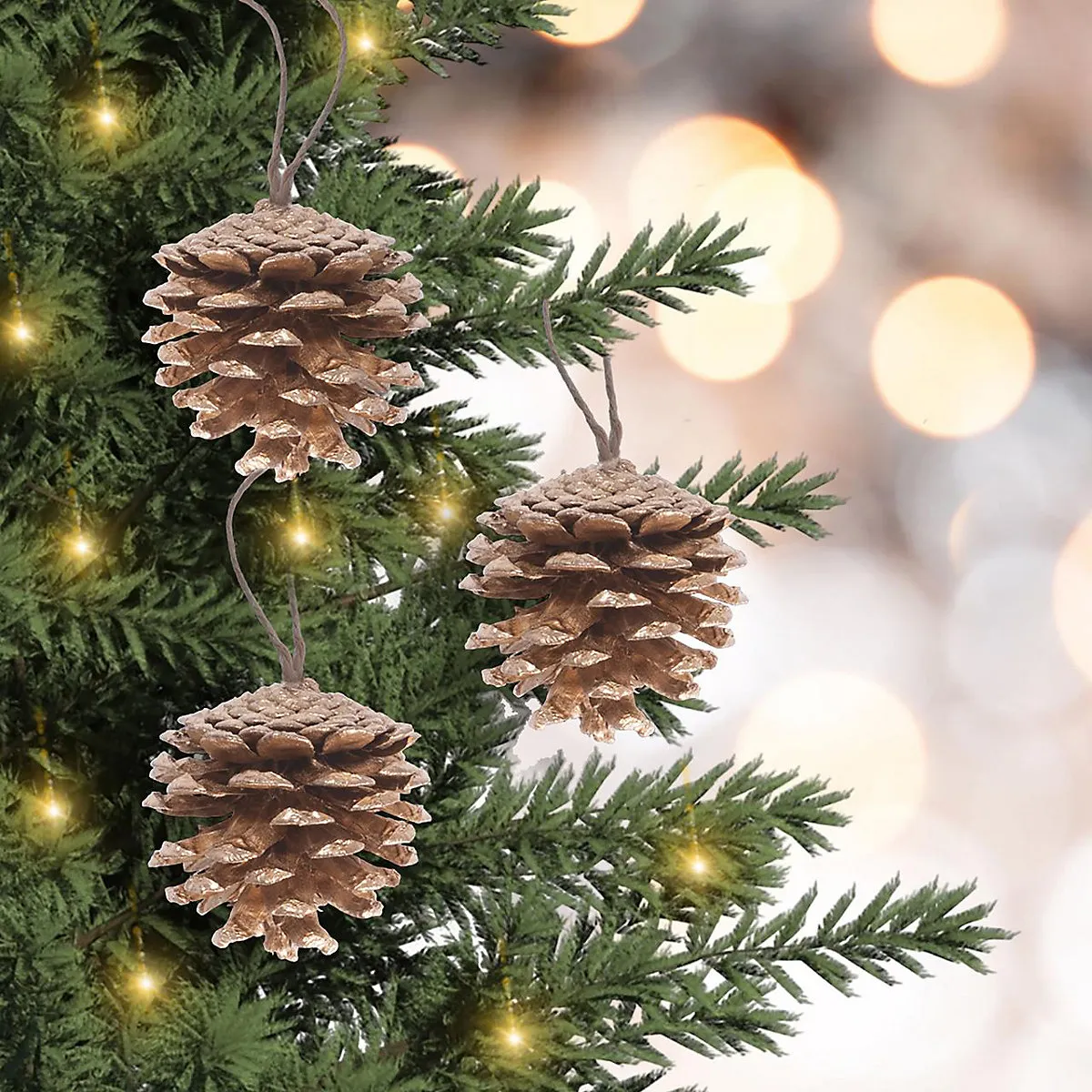 Set of 12 Pinecone Christmas Tree Decorations with Hanging Loop - Festive  Xmas Rustic Pine Cone Bauble Home Decor - Gold