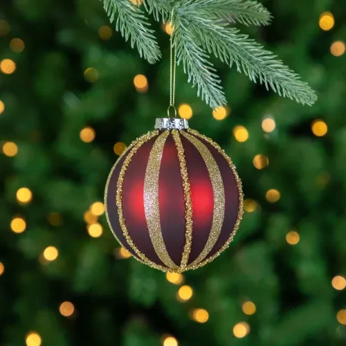 Set of 2 Burgundy & Gold Striped Beaded Christmas Glass Ball Ornaments 4' |  Christmas