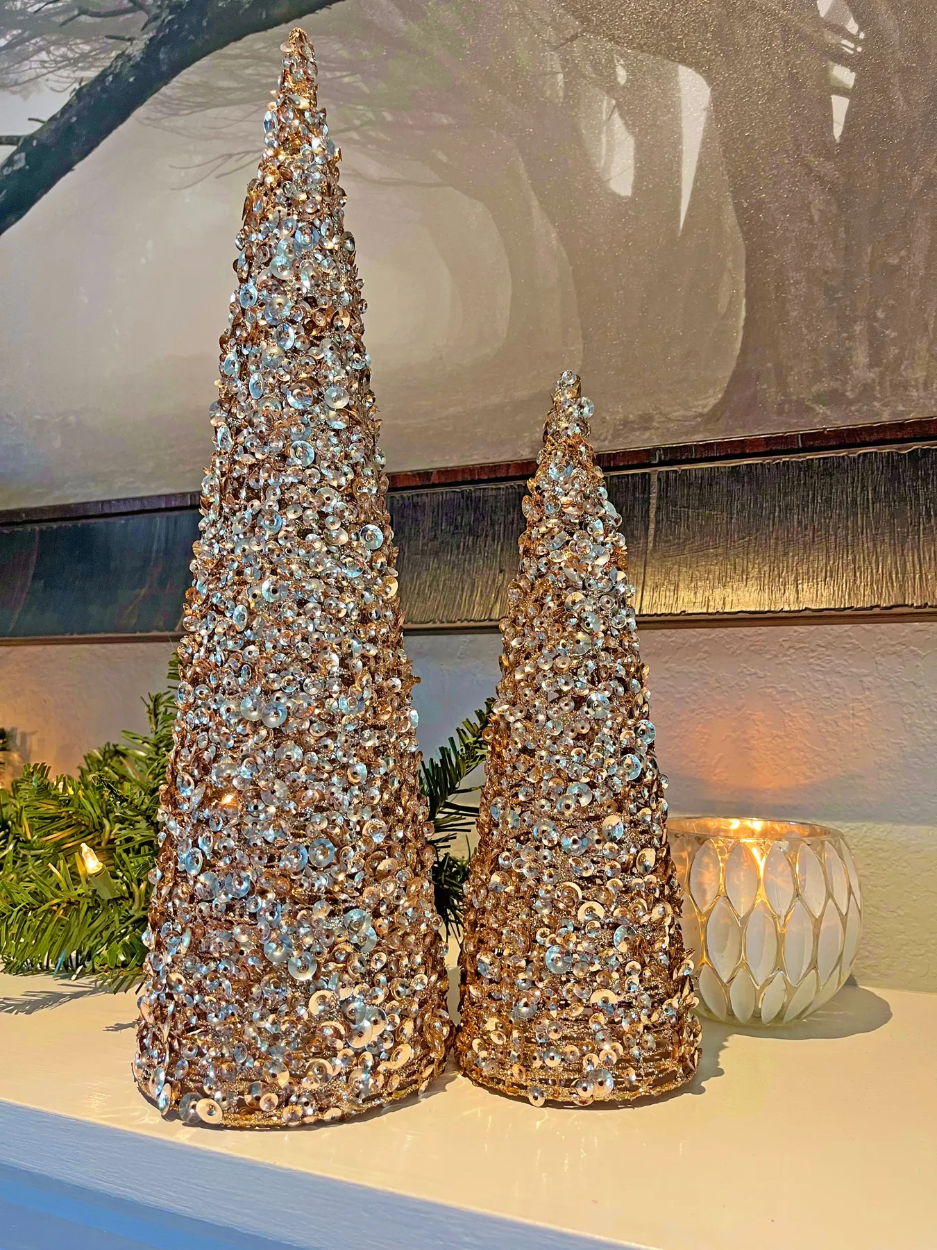 Set of 2 Sequined and Glittered Champagne Gold Christmas Cone Trees 12 -  Richards Expo