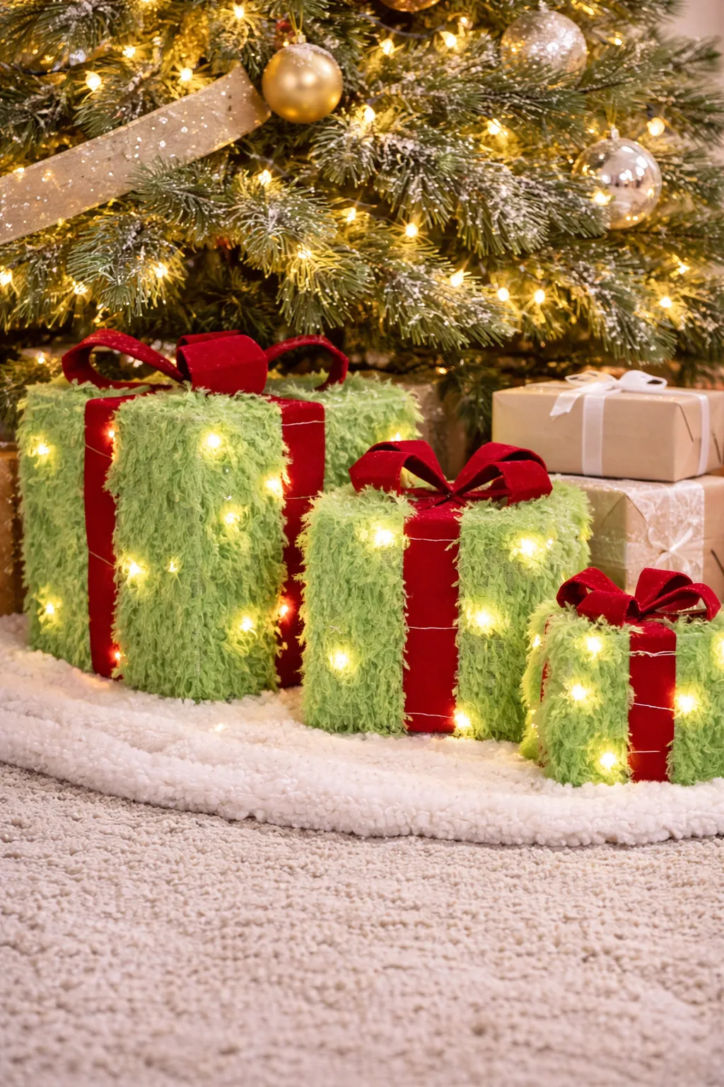 🎁 Set of 3 Fluffy Grinch Gift Boxes – Statement Christmas Tree Decor –  Mistletoe Home