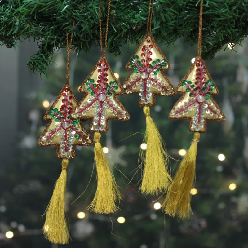 Set of 4 Christmas Tree-Shaped Embroidered Beaded Ornaments
