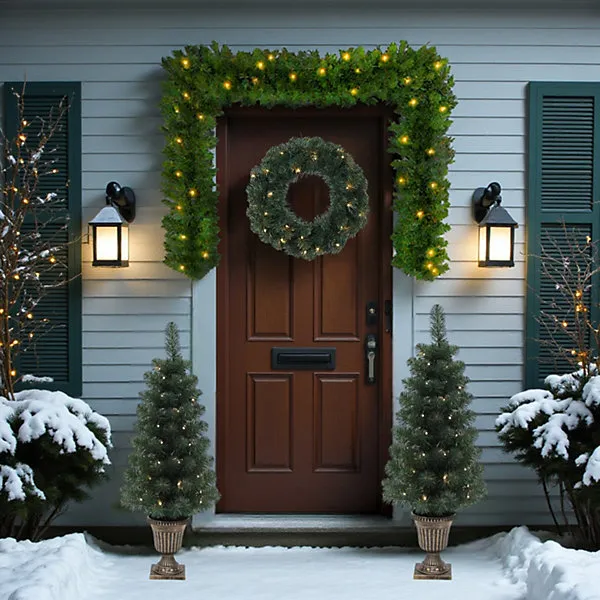 Set Of 4 Pre-Lit Wreath Garland Door Set