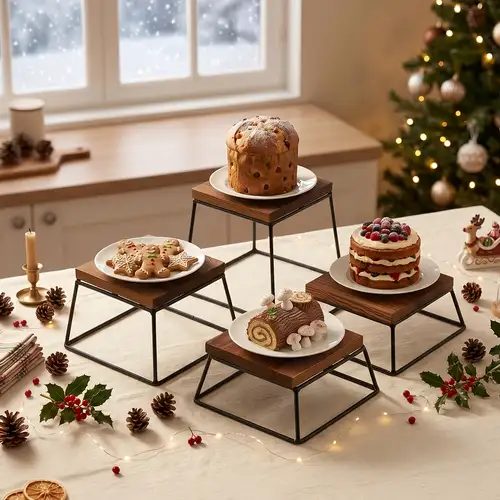 Set of 4 Wooden Cake Stands, 100% * Display Stands for Cupcakes with Square Design And Metal Wire Bases, Farmhouse Cookie Stand, Ideal for Wedding, Birthday, Baby Shower, Tea Party Dessert Table *'S