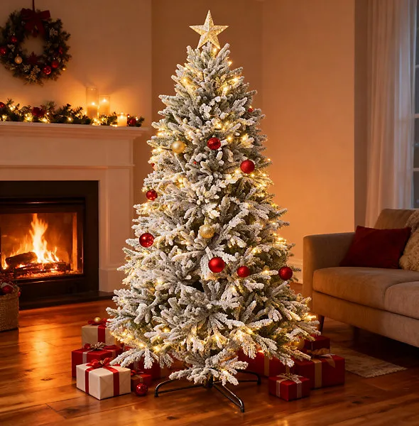 Shatchi 6FT Frosted Snow Flocked Green Oregon Pine Tips Bushy Artificial Christmas Tree Festive Decorations