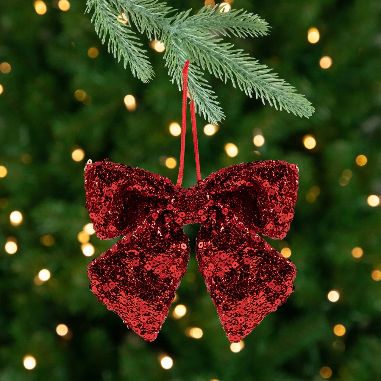 Shimmering Sequin Bow Christmas Hanging Ornament - 6' - Red