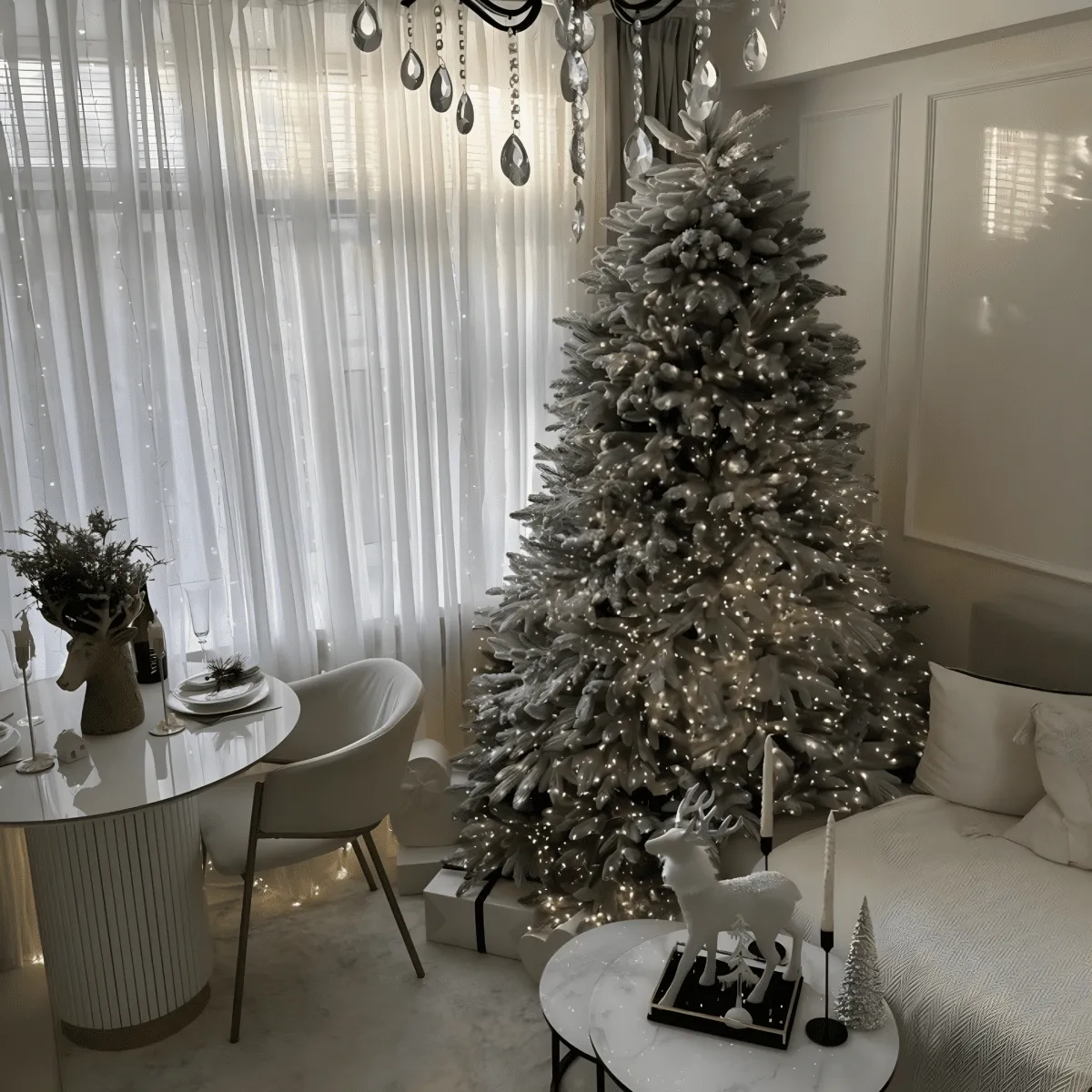 Slim modern snow-covered 'Comet' Christmas tree in PE with Real Touch