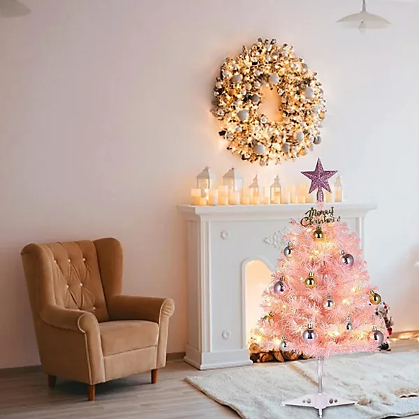 Small Pink Christmas Tree 60cm Mini Tabletop Artificial Christmas Tree with  LED String Lights and Hanging