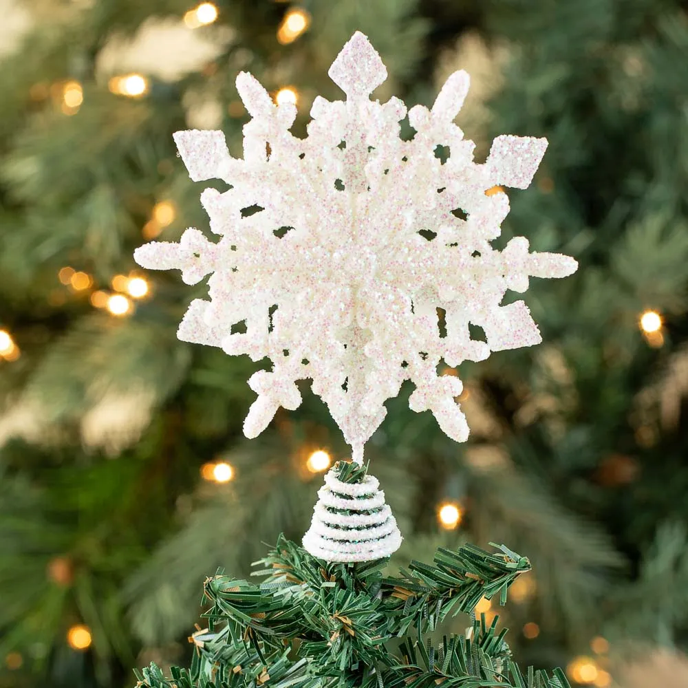 Small White Iridescent Sparkling Snowflake Tree Topper
