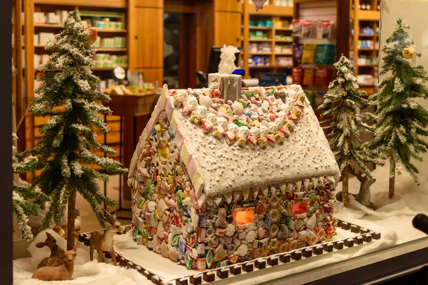 Snowy gingerbread house with candy decorations in festive storefront.