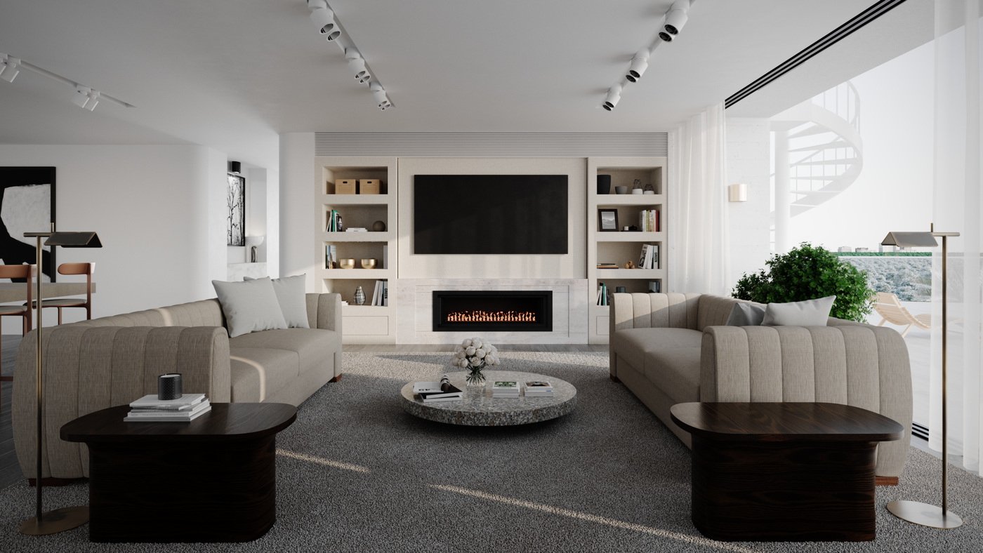 Spacious living room with modern decor, featuring neutral tones and stylish furniture.