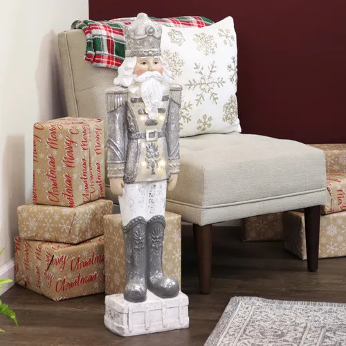 Sunnydaze Alexei the Defender Indoor Nutcracker Statue with LED Lights - Christmas/Holiday Decor - Silver - 36'