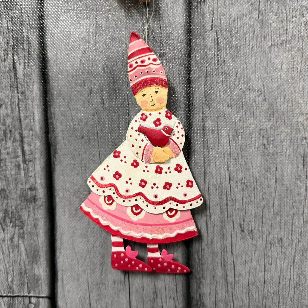 Tin Folk Art Girl w/Bird Ornament