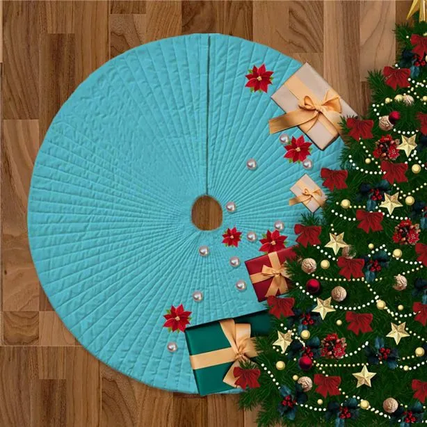 Velvet Quilted Round Christmas Tree Skirt Turquoise by PushpLinen