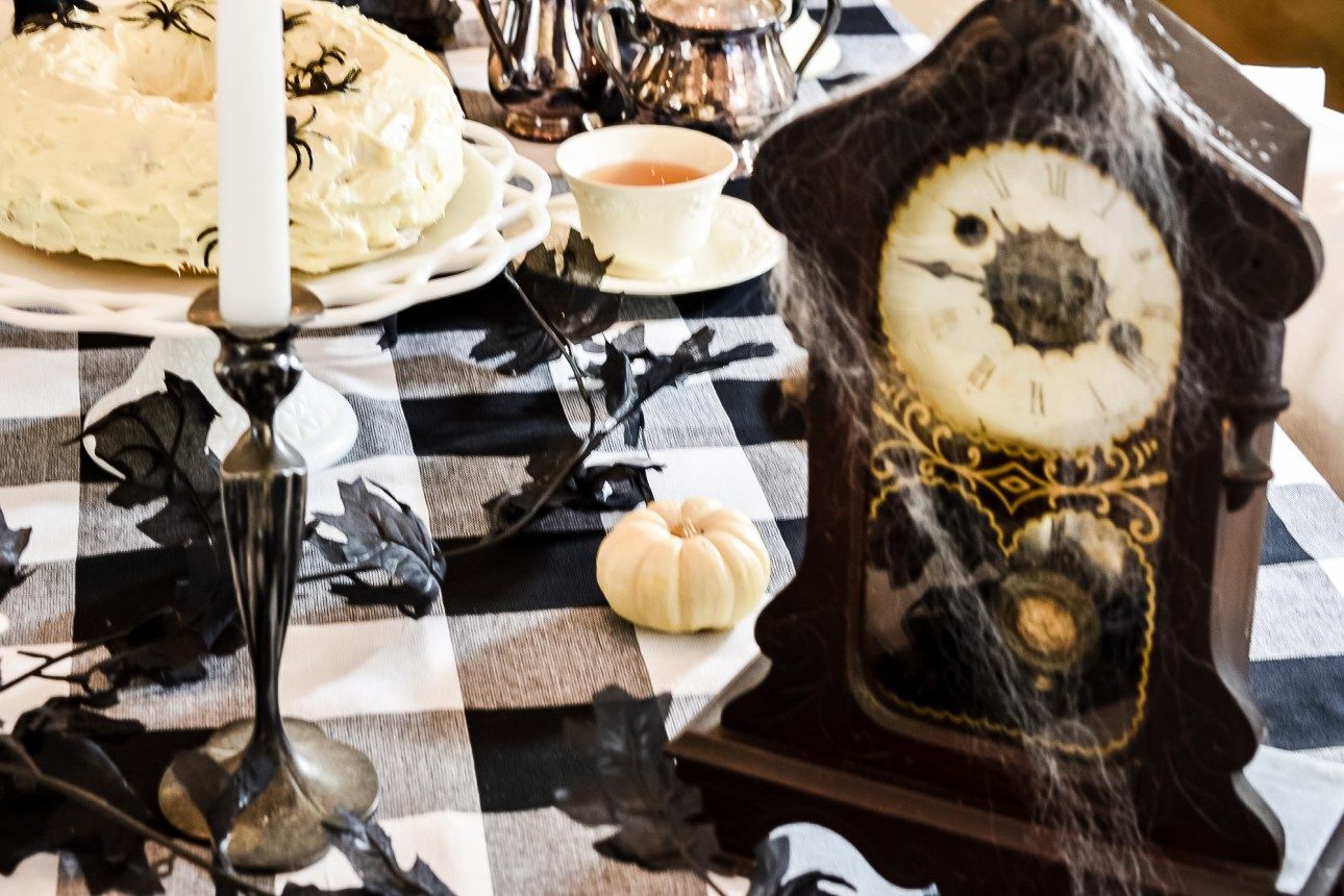 White, Black and Cream Halloween Tea Party Tablescape - Zucchini Sisters