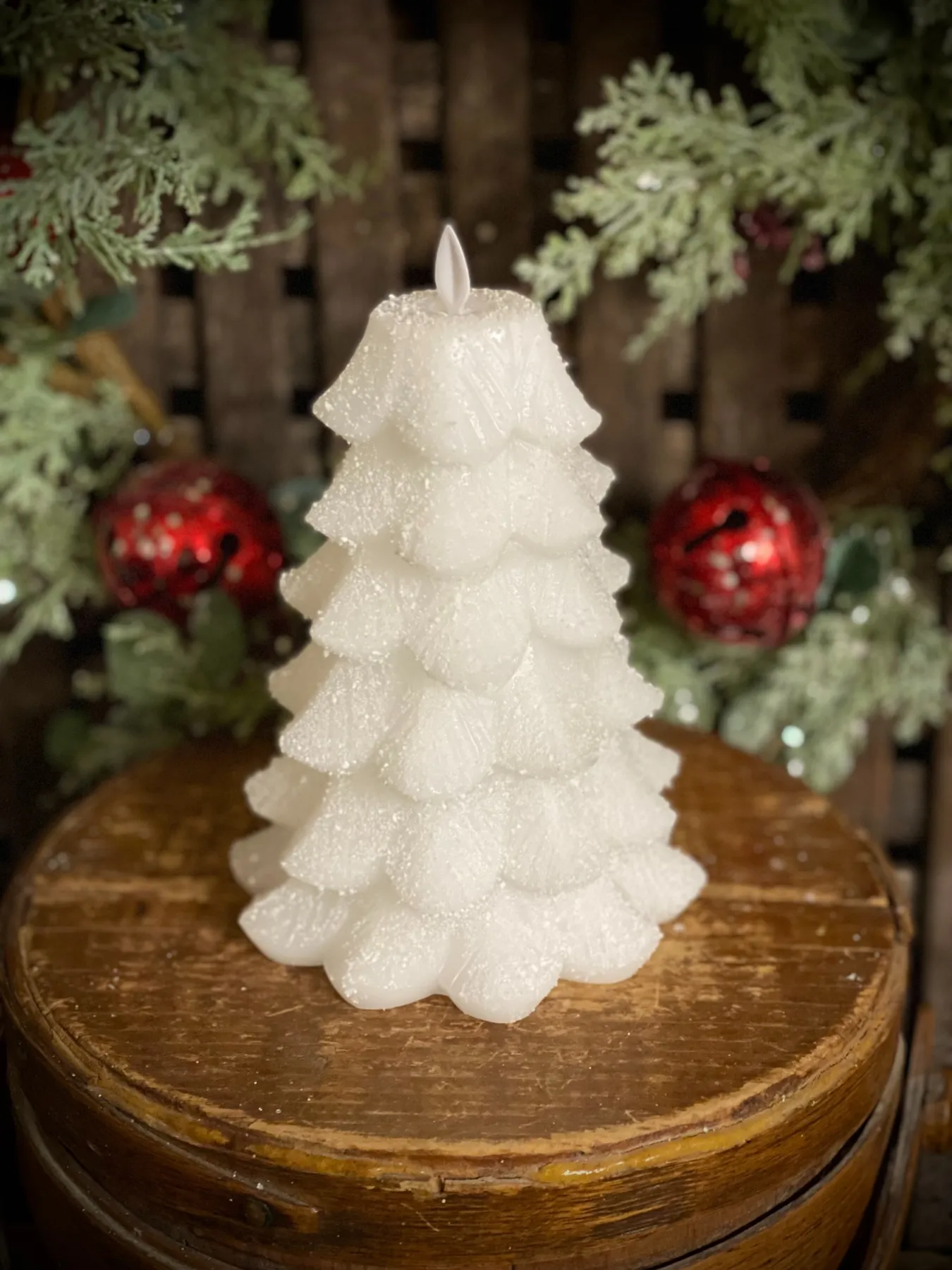White Glitter Christmas Tree LED Moving Flame Candle – Rust & Cinder