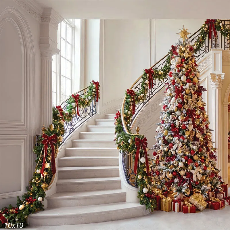 White Ornate Staircase Iron Balusters Christmas Backdrop - Denny Mfg