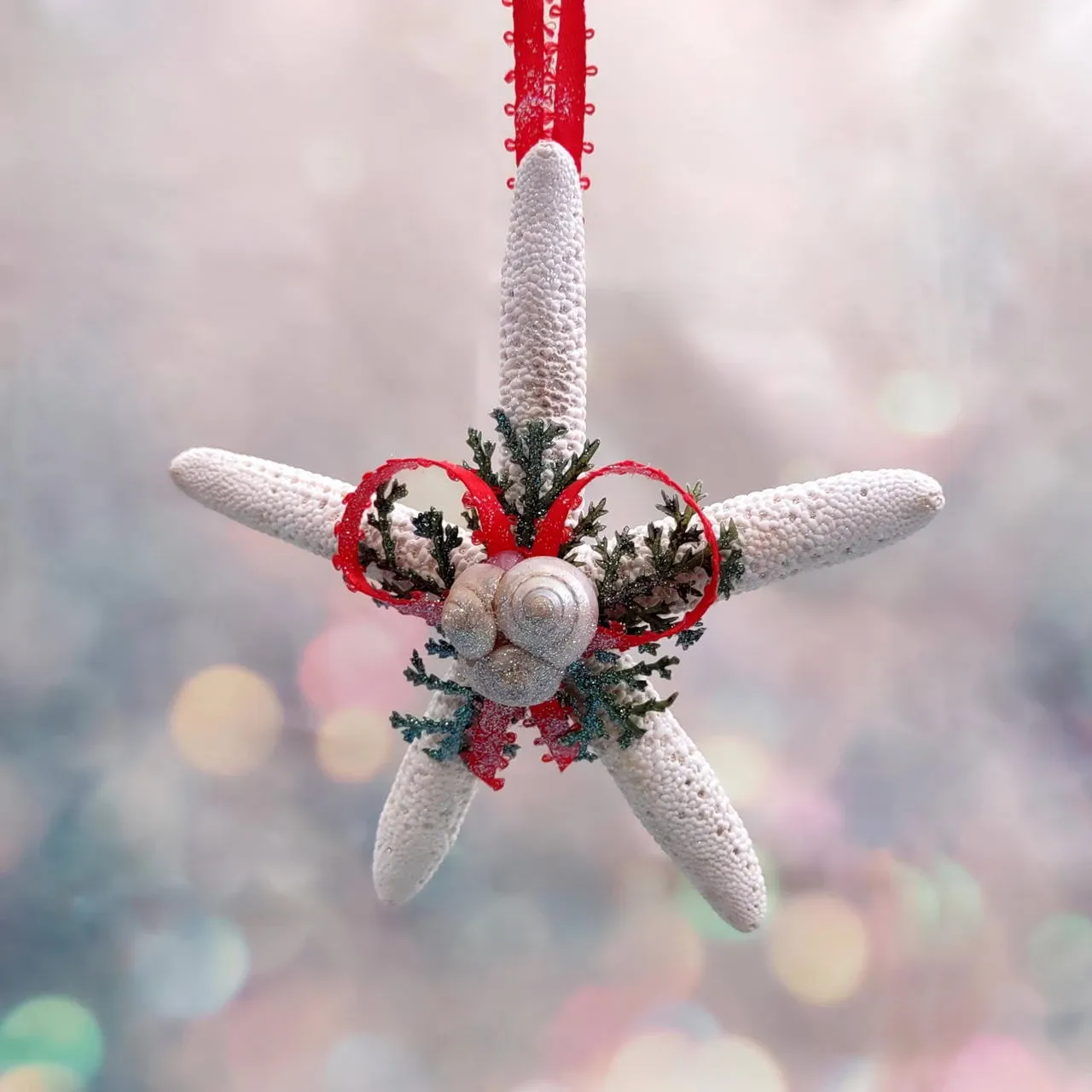White Starfish Christmas Ornament for Coastal Tree (1 Seastar approx. 4+  inches) Hanging Starfish Xmas Ornament for gifting & holiday decor!