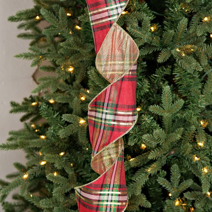 Wholesale 57R1307- Wired Ribbon-4inx10YD-Gold Thread Red Green Check/M for  your store - Faire
