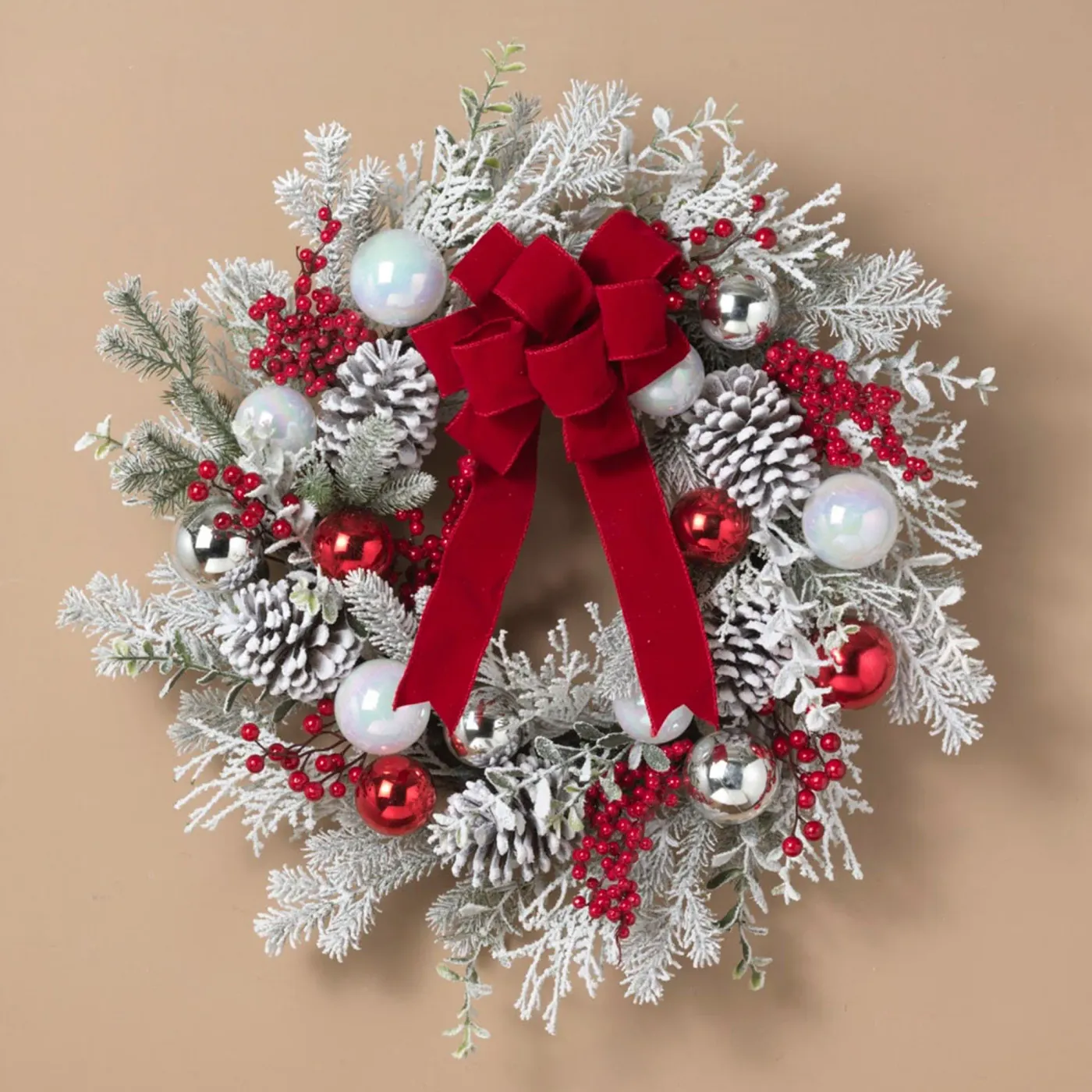 Winter Frost White Flocked Faux Pine Ornament Wreath with Red Bow